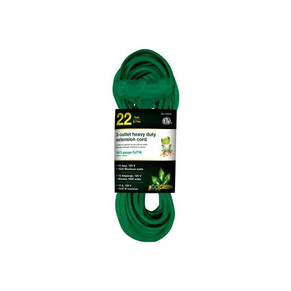 Gogreen SJTW Extension Cord, 16 AWG, Outdoor, 16/3, 3 Outlets, Green, 2 ft GG-15022GN - main